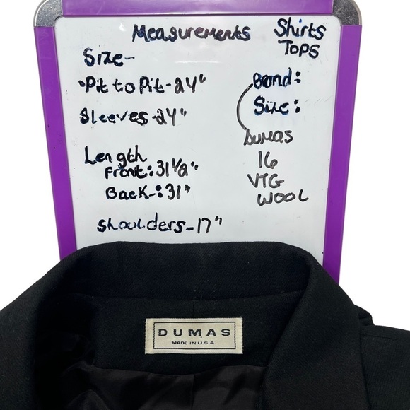 VTG Dumas Wool Car Coat Black Size 16 Double Breasted Crest Buttons Notch Collar - Picture 7 of 14